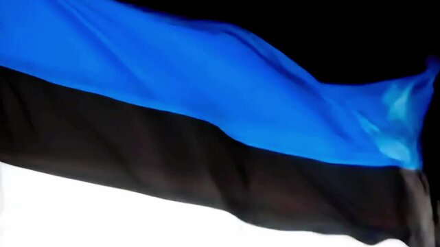 High-quality 4K slow-motion video of the Estonia flag waving against a black background. The striking blue, black, and white horizontal stripes stand out vividly as the fabric ripples in the wind. Dra