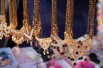 A display of traditional Indian black beads necklaces, also known as mangalsutra which are...