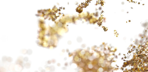Sparkling gold confetti falling on white background. Festive backdrop for celebrations.