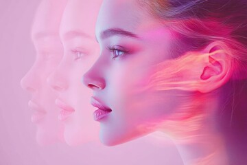 Naklejka premium Surreal Portrait of Woman with Multi Exposure Soft Pink Dreamy Ambiance Minimalistic Art