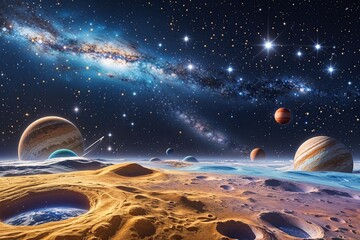 Stunning Cosmic Art Showcasing Unique Planetary Textures and Sparkling Stars in an Expansive Universe