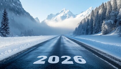 Road To 2026, A Beautiful Scenic Winter Journey To The New Year With A Snowy Mountain Landscape