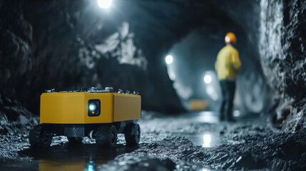 A yellow robotic vehicle navigates through a dark underground cave, reflecting lights on the damp ground. Meanwhile, a worker in a helmet stands nearby, ensuring safety during exploration