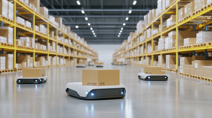 Robots equipped with lights navigate a spacious warehouse filled with shelves of packed boxes. They move systematically to transport goods, showcasing advanced automation technology
