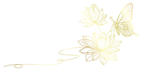 vesak line art lotus, golden lotus with butterfly, A symbol of enlightenment, beauty and spirituality in a graceful and meaningful design.
