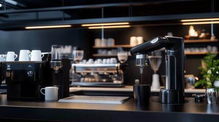A sleek coffee preparation area showcases advanced brewing machines and minimalist design. The space is filled with coffee cups and a professional espresso machine, creating an inviting atmosphere