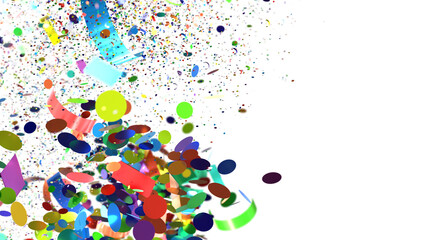A festive image of colorful confetti and ribbons falling on a white background. Perfect for celebration, party, and fun themes.