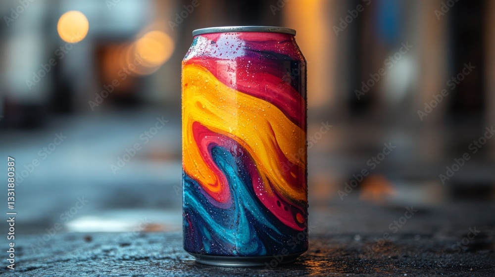 Poster a beautifully designed beverage can featuring bright swirling colors sits on a wet urban surface. th