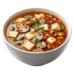 A Bowl of Chinese Hot and Sour Soup with Tofu and Mushrooms Isolated on Transparent Background