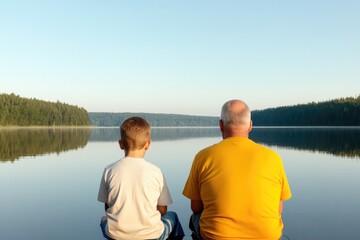 Fototapeta premium Two figures enjoy tranquility by serene lake, reflecting nature'