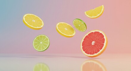 Vibrant citrus fruit slices lemon lime grapefruit falling background 3d art red food diet pink blue