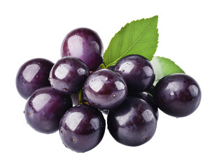 Fototapeta premium Fresh juicy black grapes with green leaf on black background, cut out