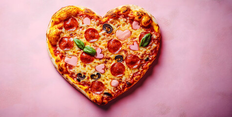 Fototapeta premium Delicious Pizza in the Shape of a Heart on a Textured Pink Surface. Delicious Valentine’s Day Concept with copy-space.