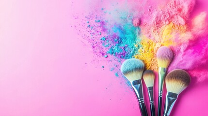 A collection of makeup brushes with colorful powder exploding against a vibrant pink background