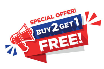 Buy 2 get 1 free sale message concept with megaphone on ribbon. Vector on transparent background