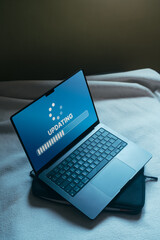 Updating progress bar on computer screen. Installing app patch. Software update or operating system upgrade to keep the device up to date and improve security.