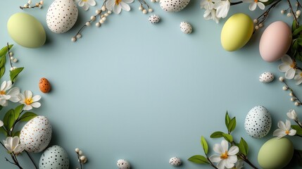 Decorative Easter eggs pastel green and blue colour featuring intricate patterns, with spring blossoms on pastel blue background, with copy space, greeting card creating a festive atmosphere