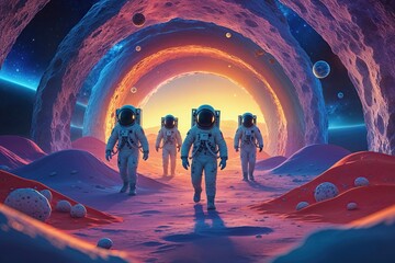 Astronauts Exploring Colorful Alien Landscapes in the Cosmos