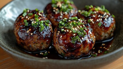 Japanese Meatballs in a Glaze on a Plate
