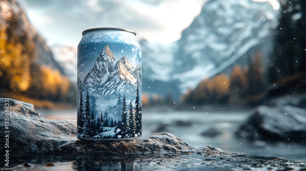 Fototapete a beautifully designed can depicting mountains sits on a rocky surface by a serene lake. surrounding