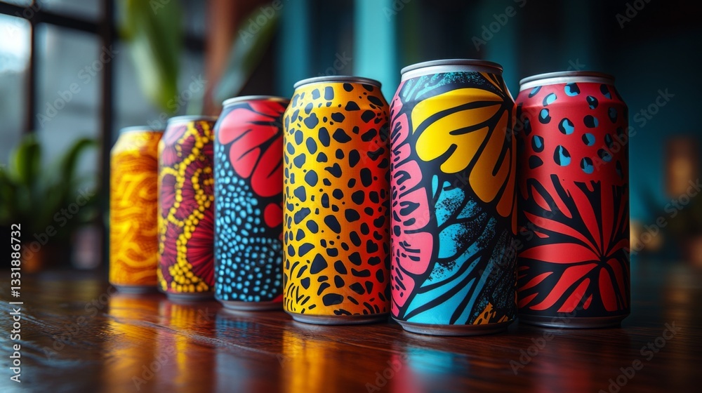 Aufkleber A row of uniquely designed beverage cans featuring vibrant floral and abstract patterns sits on a wooden table in a trendy, well-lit environment.