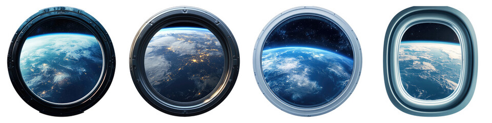 Spaceship window view of earth isolated on transparent background.PNG Set of