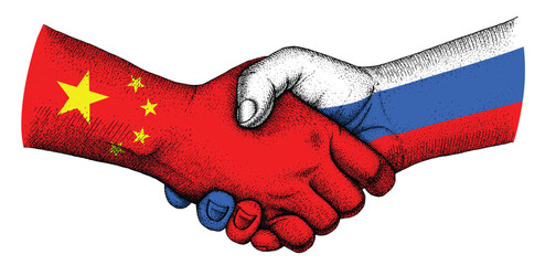Handshake with flags of Russia and China