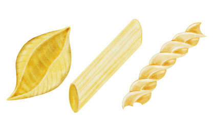 Pasta different types watercolor set. Hand drawn italian macaroni on white background. Food clip art. Ideal for pasta packaging, restaurant menus and posters