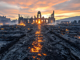 Ruined building engulfed in flames at dawn