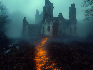 Fototapeta premium Ruined castle path, mist, night