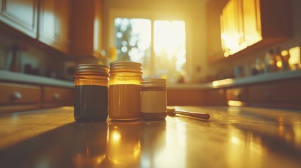 Kitchen jars of paint in warm sunlight