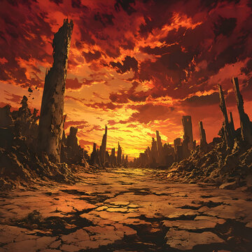 Ruined city, fiery sunset (2)