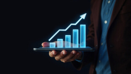 Digital Illustration of Financial Growth with Holographic Bar Chart and Upward Trend Line Displayed on a Smartphone