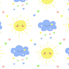 Soft dreamy cloud vector illustration, seamless pattern with pastel hearts for children's room decor, fabric prints, and scrapbook projects