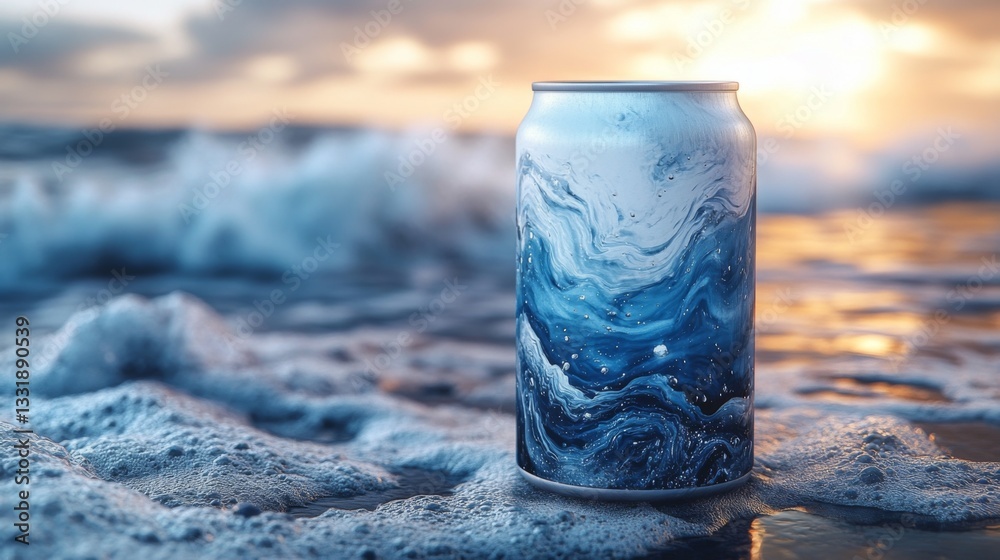 Poster a beautifully designed can of beverage sits on the sandy shore as gentle waves lap at its base durin