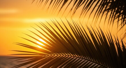 Obraz premium Palm Frond Silhouette Against Golden Sunset Over Ocean Tropical Scene