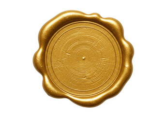 A circular golden wax seal with an embossed slightly textured surface isolate on transparent background