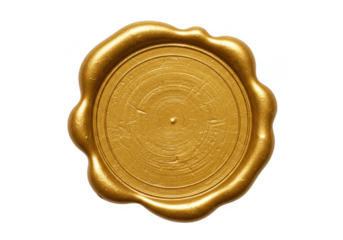 A circular golden wax seal with an embossed slightly textured surface isolate on transparent background