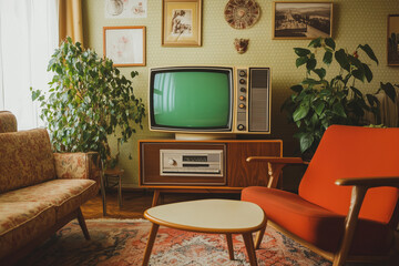 Fototapeta premium Vintage Living Room Scene. Vintage living room with retro TV, cozy decor ideal for nostalgic design or mid-century themed projects.