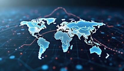 Digital world map with red stock market crash alert, representing global financial crisis, economic downturn, and warning signals in a high-tech visualization.

