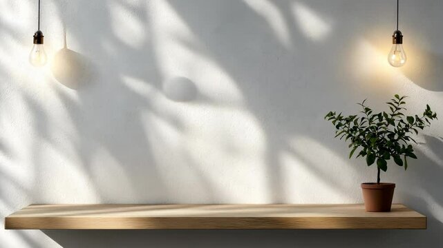 Empty brown background,Mock plank board shelf at grunge concrete wall with light bulb string party wood up for display or montage of product or design video 4k