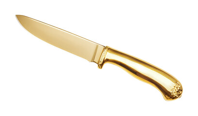 Elegant gold kitchen knife with ornate handle on white background, cut out