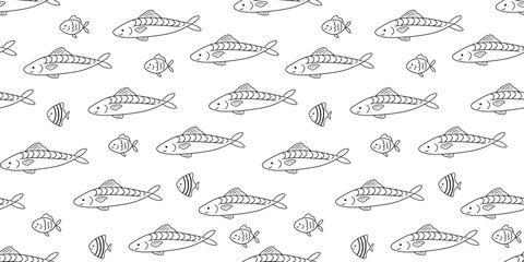 Seamless pattern with sea fish on white background, underwater life, vector doodle illustrations. Nautical repeating monochrome design for nursery and kids