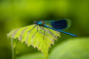 Vibrant blue dragonfly on a green leaf