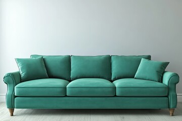 Living space with teal sofa, plain wall for art mockup, 3D render.