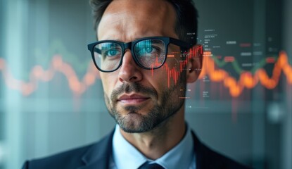Confident businessman analyzing stock market trends in a modern digital finance workspace

