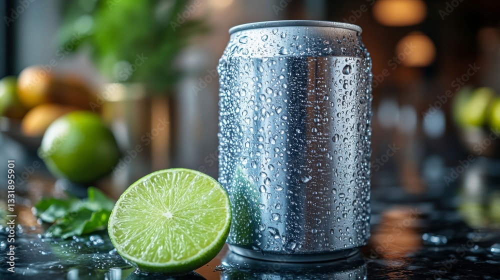 Poster A chilled can of beverage sits on a wet table, glistening from condensation. Next to it, a lime slice adds a vibrant touch, while various fruits create an inviting ambiance.