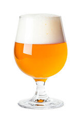 Close-up of a filled beer glass with frothy head on a clear background, cut out