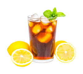 Refreshing iced tea with lemons and mint leaves on black background, cut out