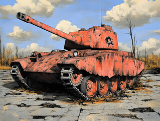 Rusty war tank in abandoned battlefield